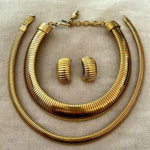 80s Gold! Set of vintage clip on earrings and two necklaces.